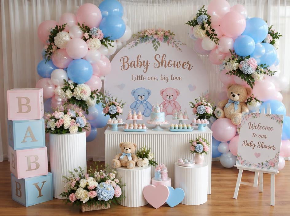 Baby shower decoration with pastel pink and blue balloons, flowers and teddy bears