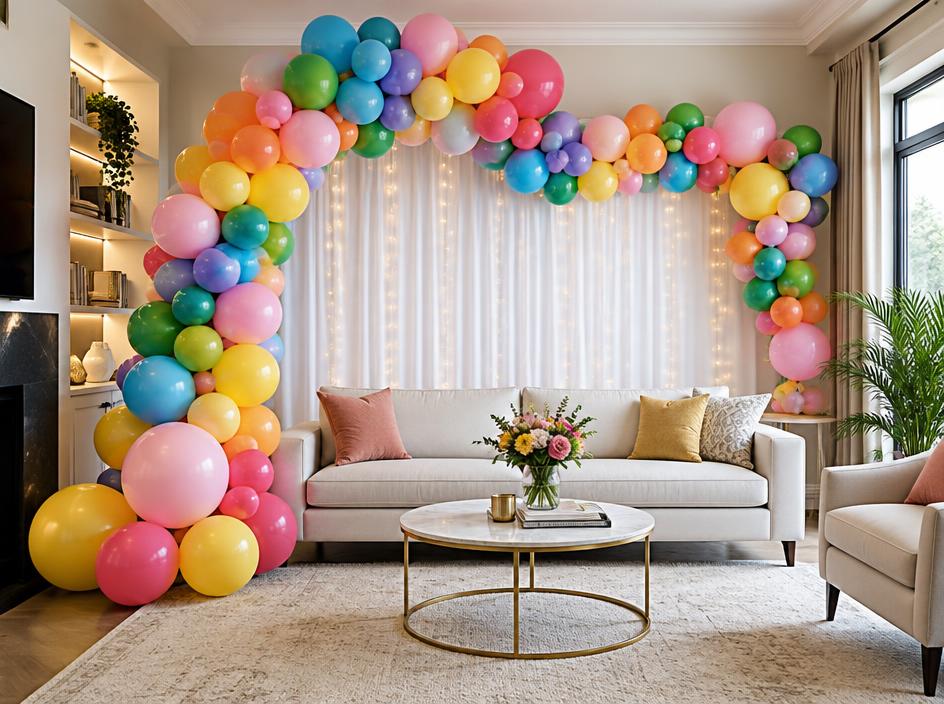 Colourful balloon arch and garland decoration in a living room