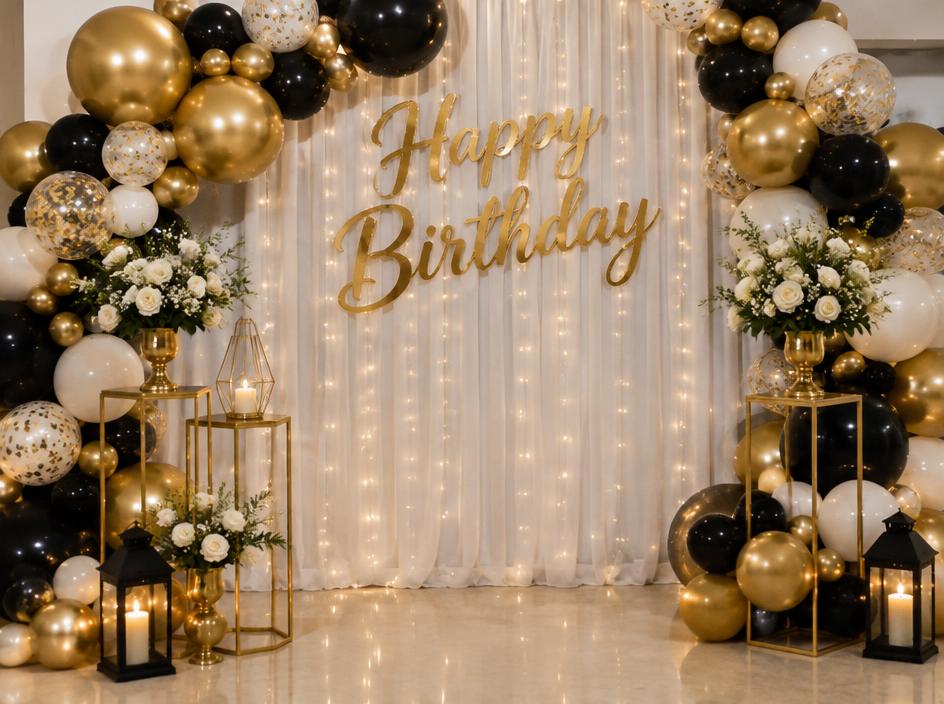 Birthday backdrop with gold and black balloons and a Happy Birthday sign