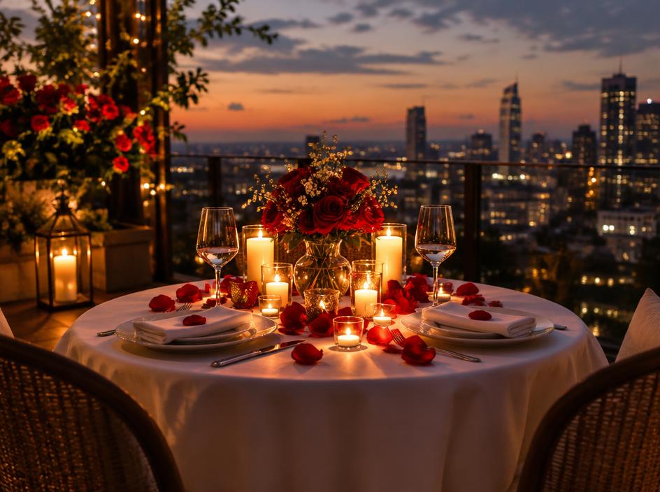 Romantic candlelight dinner table with roses and candles on a rooftop