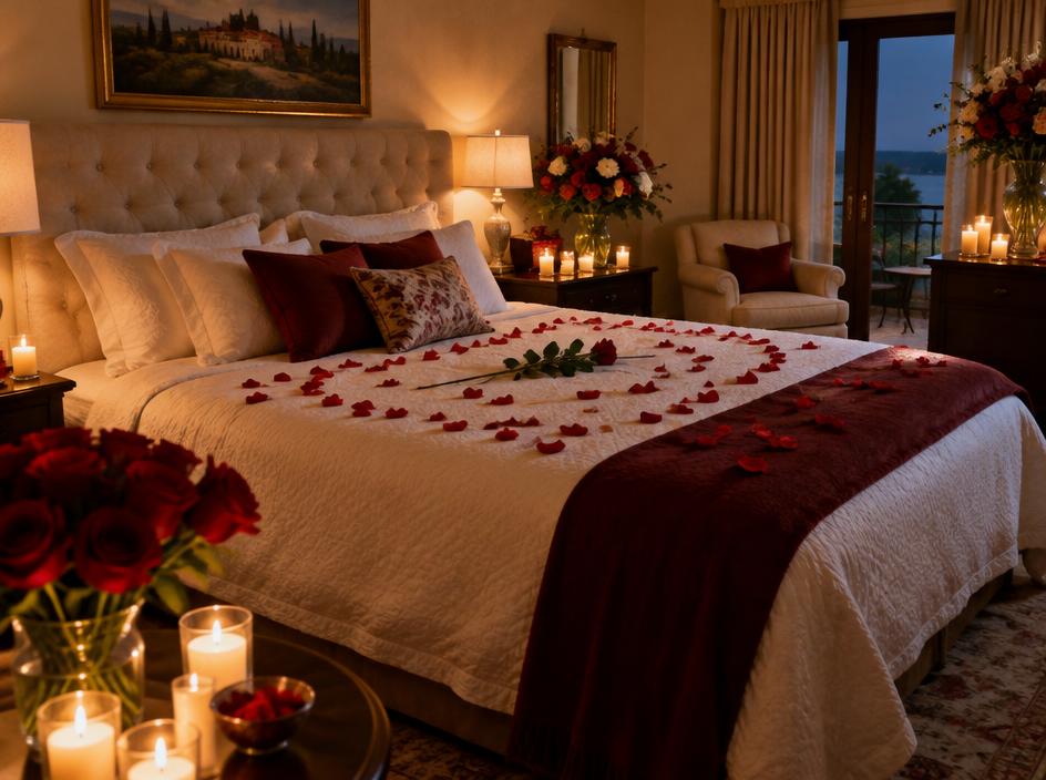 First night bedroom decoration with rose petals, flowers and candles
