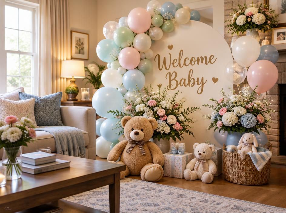 Welcome baby home decoration with pastel balloons, teddy bears and flowers
